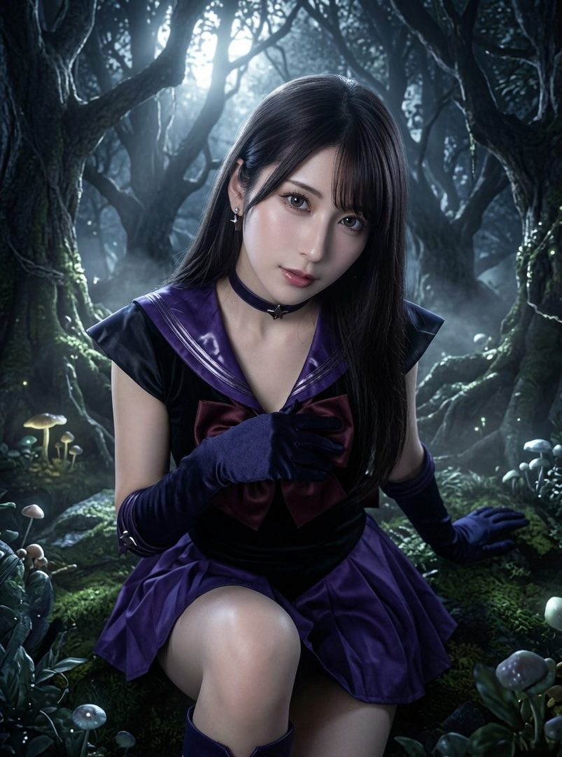 A young woman in a Sailor Moon-inspired costume poses in a mystical, dark forest with glowing mushrooms.