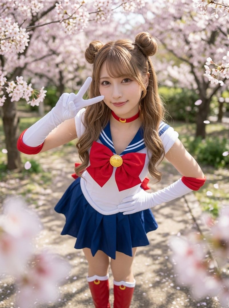 A young woman in a Sailor Moon costume poses with a peace sign under blooming cherry blossom trees.