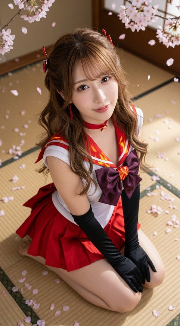 A young woman in a Sailor Moon-inspired outfit kneels on a tatami mat, with cherry blossoms and petals scattered around her.