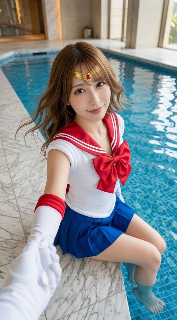 A young woman in a Sailor Moon costume sits by a swimming pool, dipping her feet in the water.