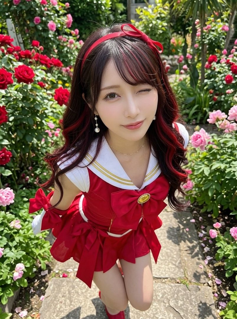 A young Japanese woman with long dark hair with red streaks, wearing a red sailor-style outfit with bows, winks playfully in a garden filled with roses.