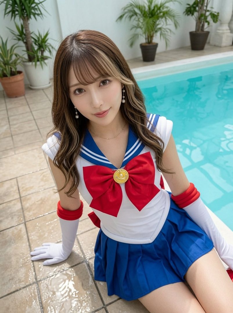 A young woman in a Sailor Moon-inspired costume poses by a swimming pool.