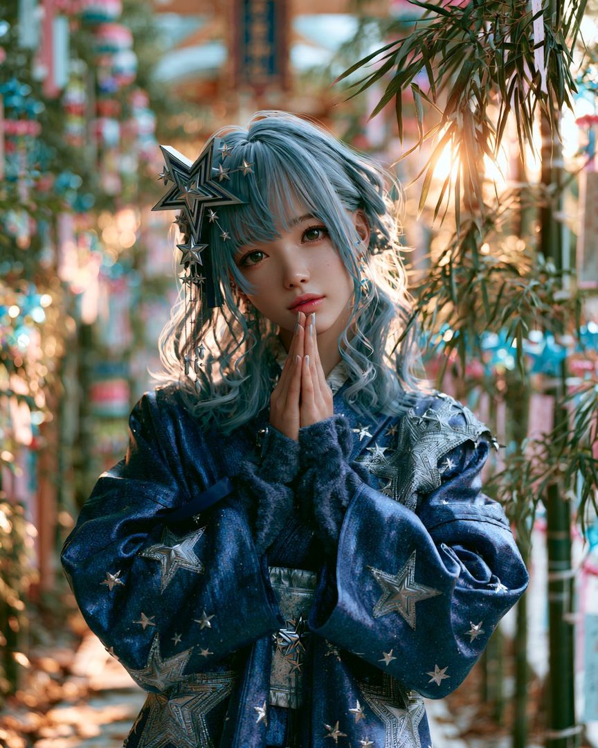 A young woman with blue hair and a star-themed outfit poses with her hands together, set against a backdrop of Tanabata decorations and bamboo.