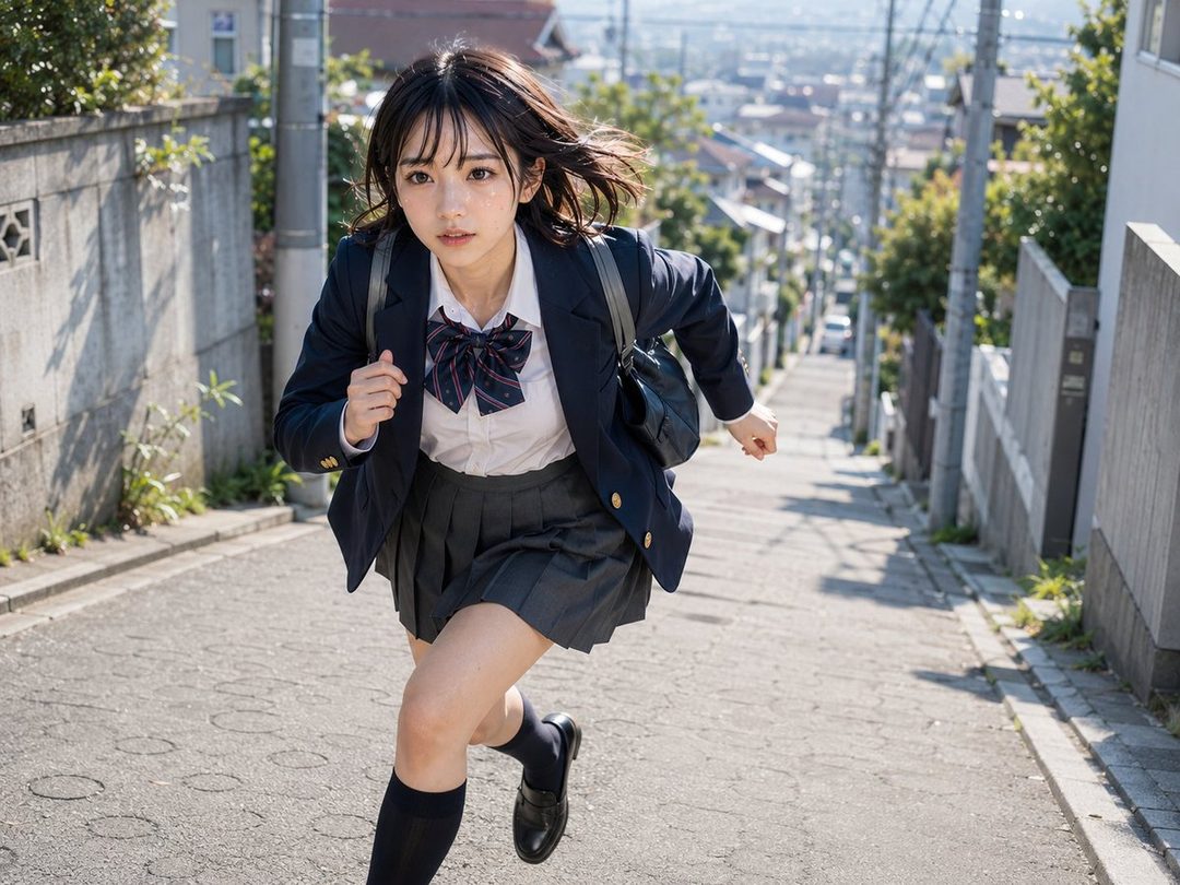 A young woman in a school uniform runs down a steep street, her hair blowing in the wind.