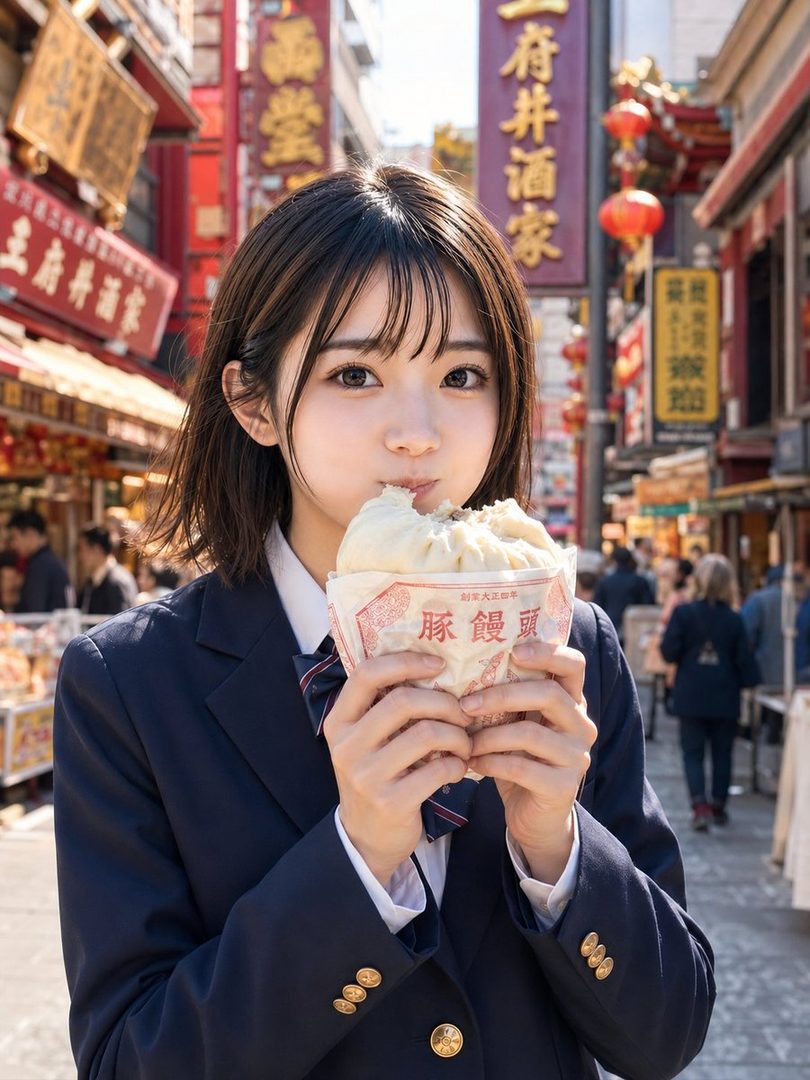 A young East Asian woman in a school uniform jacket and tie eats a steamed bun on a bustling street.