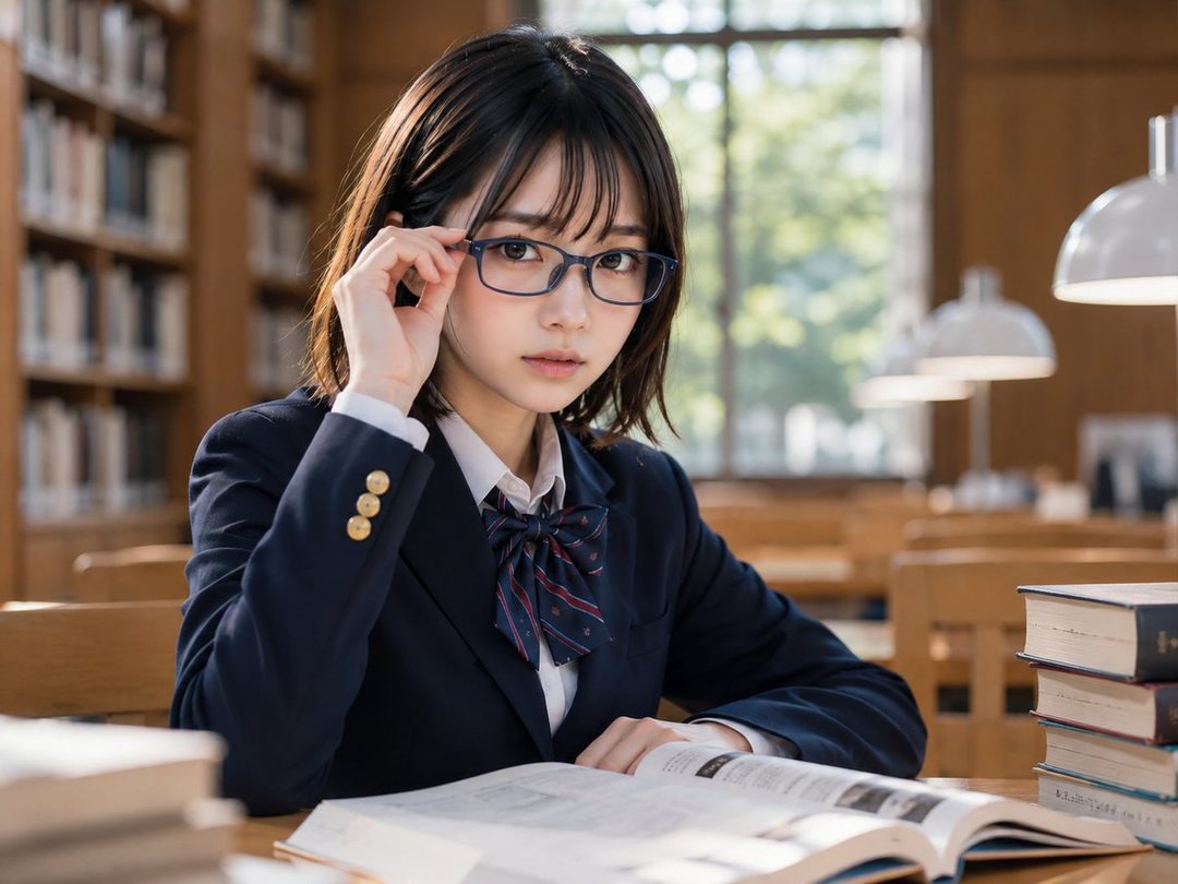 A young woman with short black hair and glasses, wearing a school uniform, sits at a desk in a library, reading a book.