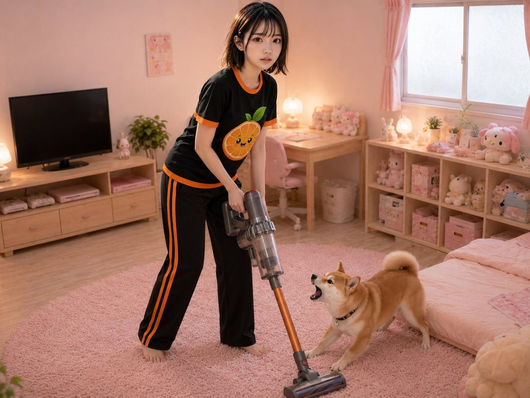 A young woman with short black hair is vacuuming a pink carpeted room while a Shiba Inu dog barks at the vacuum cleaner.