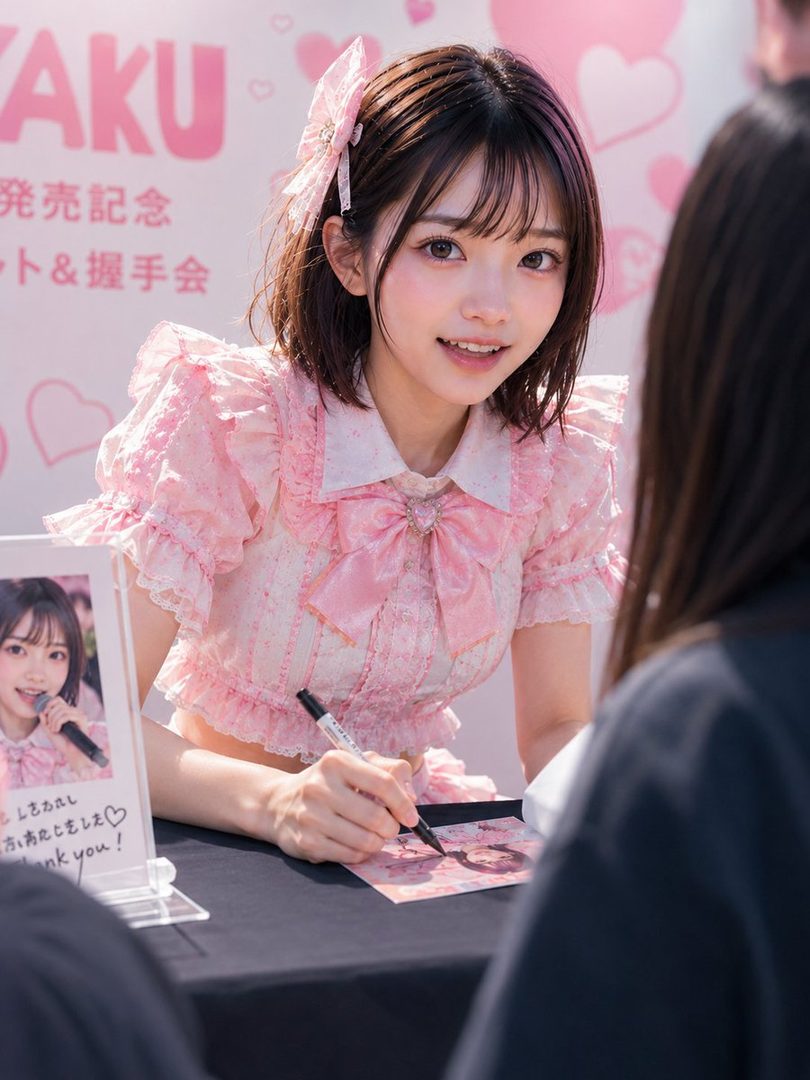 A young East Asian woman with short brown hair and bangs, wearing a pink frilly dress and a pink bow in her hair, smiles as she signs an autograph at an event.