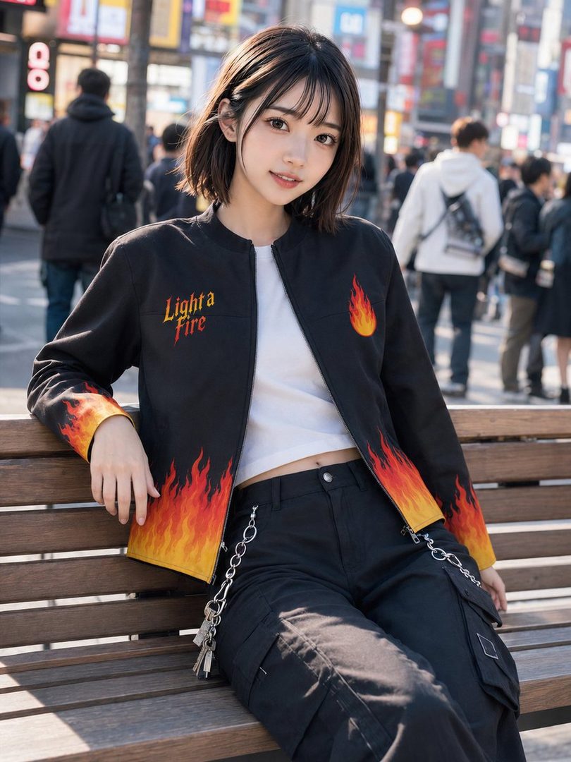 A young East Asian woman with short black hair and bangs, wearing a black jacket with flame designs and a white crop top, sits on a park bench in a city street.