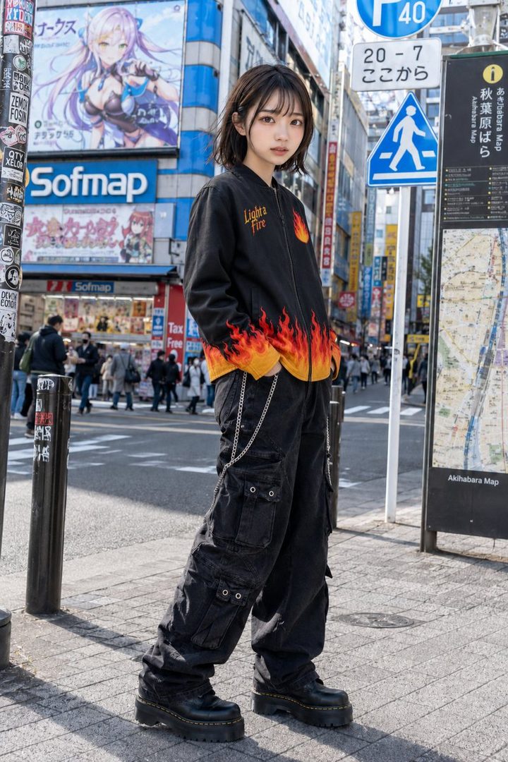 A young Japanese woman with short black hair stands on a city street, wearing a black jacket with flame accents and black cargo pants.