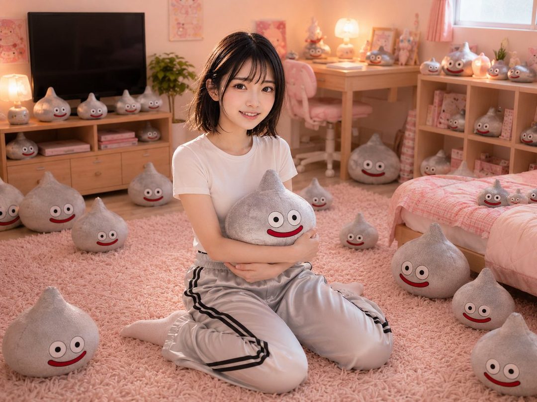 A young woman with short black hair and bangs, wearing a white t-shirt and grey sweatpants, sits on a pink carpet surrounded by many slime plush toys. She is holding a slime plush toy and smiling at the camera.
