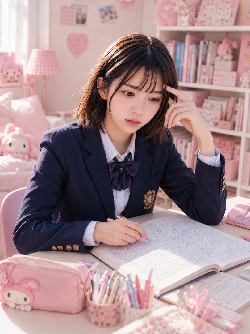 A young East Asian woman in a school uniform sits at a desk, studying with a thoughtful expression.