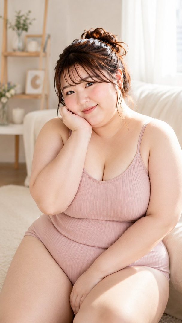 A plus-size East Asian woman with her hair in a messy bun, wearing a pink camisole and shorts, poses indoors with a soft smile and her hand on her cheek.
