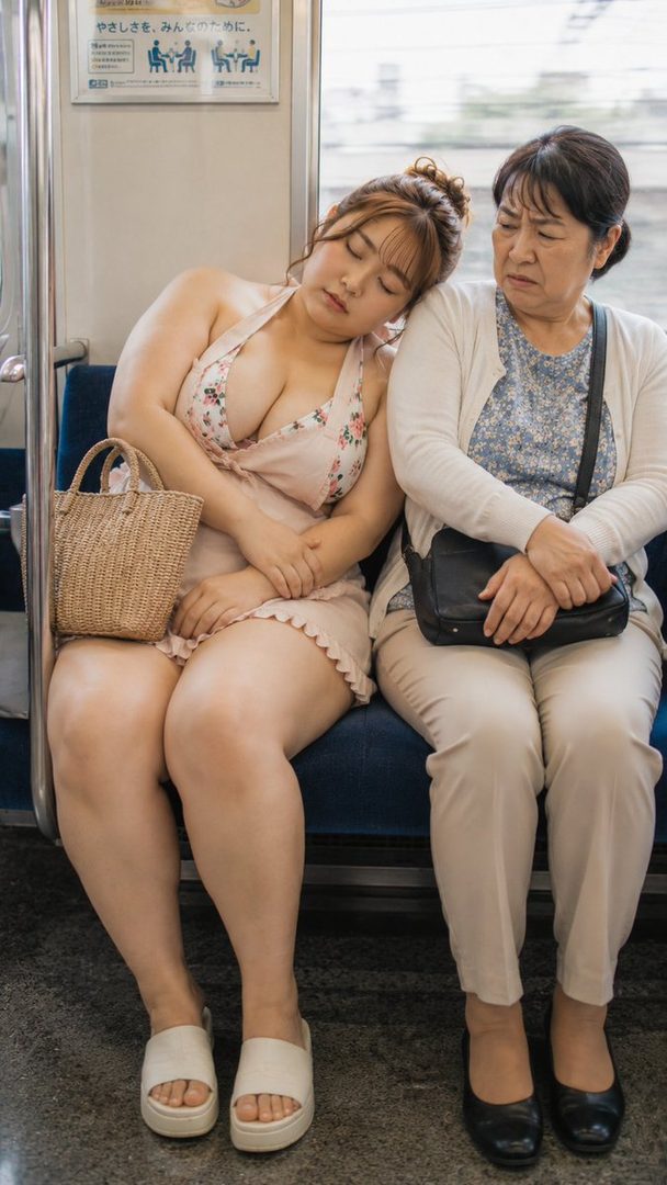 A young woman in a floral dress sleeps on a train, leaning her head on an older woman's shoulder.