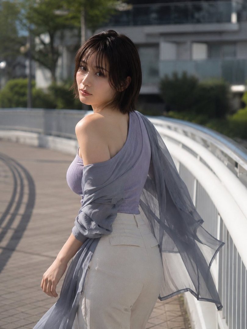 A young Japanese woman with short black hair poses outdoors, looking over her shoulder with a confident expression. She wears a purple top and light-colored pants, with a sheer grey scarf draped over her shoulders.