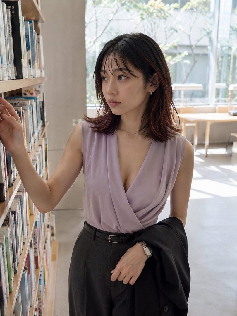 A young Japanese woman with dark hair stands in front of a bookshelf, wearing a light purple wrap top and dark trousers, holding a black jacket over her arm.