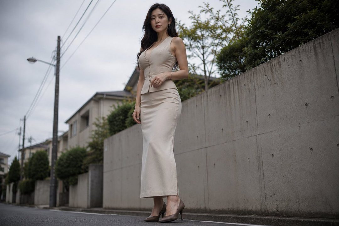 A woman in a beige sleeveless vest and matching skirt stands on a street with houses and a concrete wall in the background.