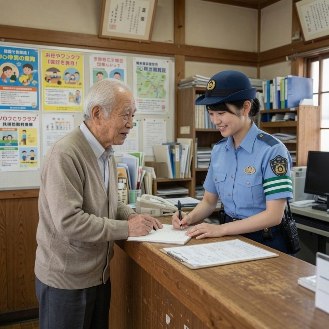 A young female police officer in uniform smiles while writing on a notepad at a police station counter, assisting an elderly man.