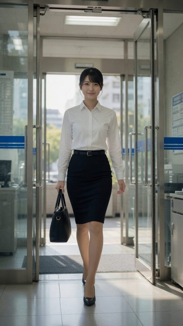 A young East Asian woman in a white blouse and black skirt walks into a building, holding a black handbag.