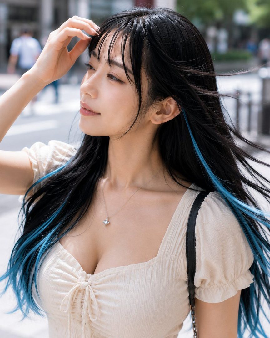 A young woman with long black hair with blue streaks, wearing a light-colored top, poses outdoors with her hand on her forehead.