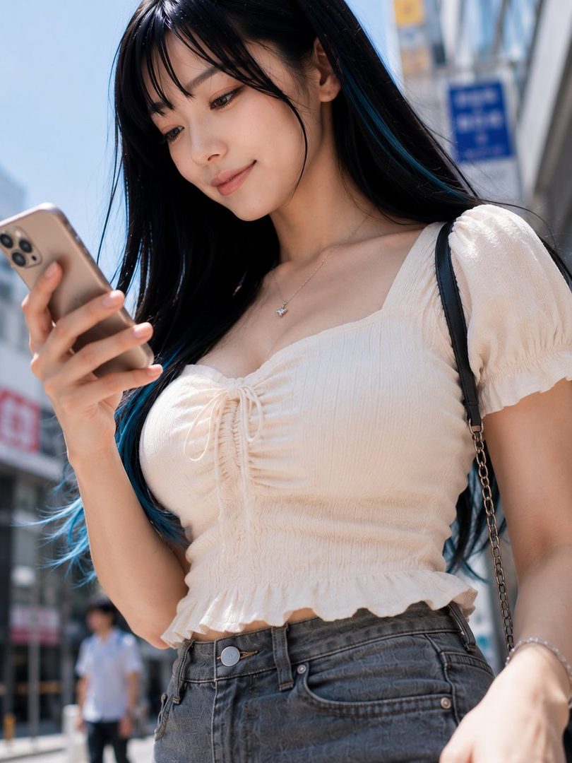 A young East Asian woman with long black hair, some blue streaks, wearing a cream-colored ruffled top and jeans, looks down at her smartphone while walking on a sunny city street.