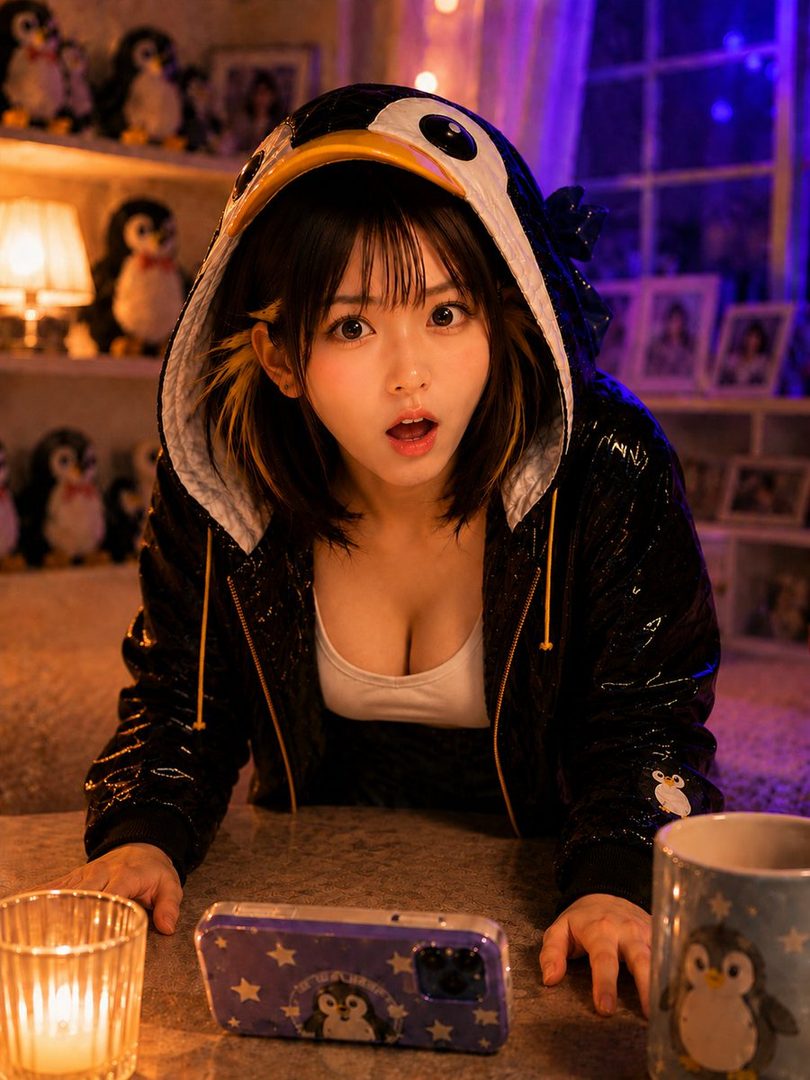 A young woman with short black hair and bangs, wearing a black penguin hoodie over a white top, looks surprised with her mouth open. She is indoors, with shelves of penguin toys in the background.