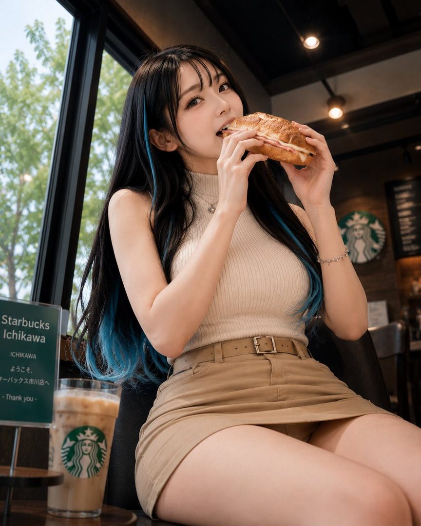 A young woman with long black hair with blue highlights is eating a sandwich in a cafe.