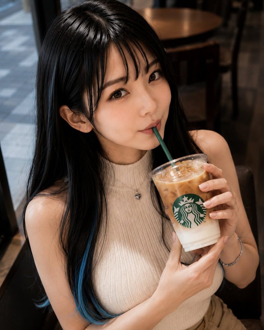 A young woman with long black hair with blue highlights is drinking an iced coffee at a cafe.