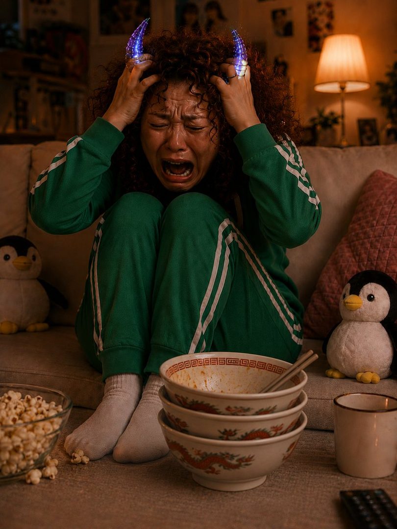 A young woman with curly hair and glowing devil horns is crying intensely while sitting on a couch with popcorn and ramen bowls.