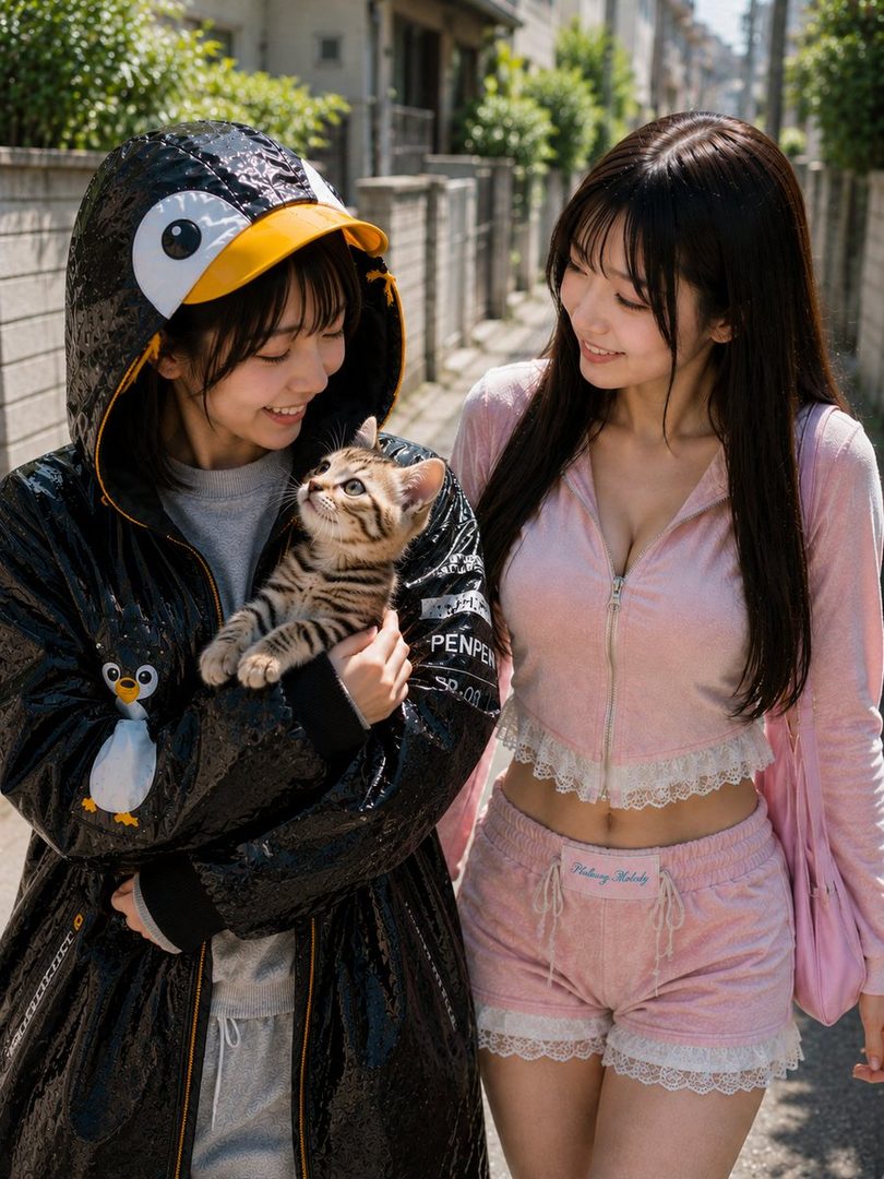 Two young women walking outdoors, one holding a kitten, with one woman wearing a pink tracksuit and the other a black penguin-themed jacket.