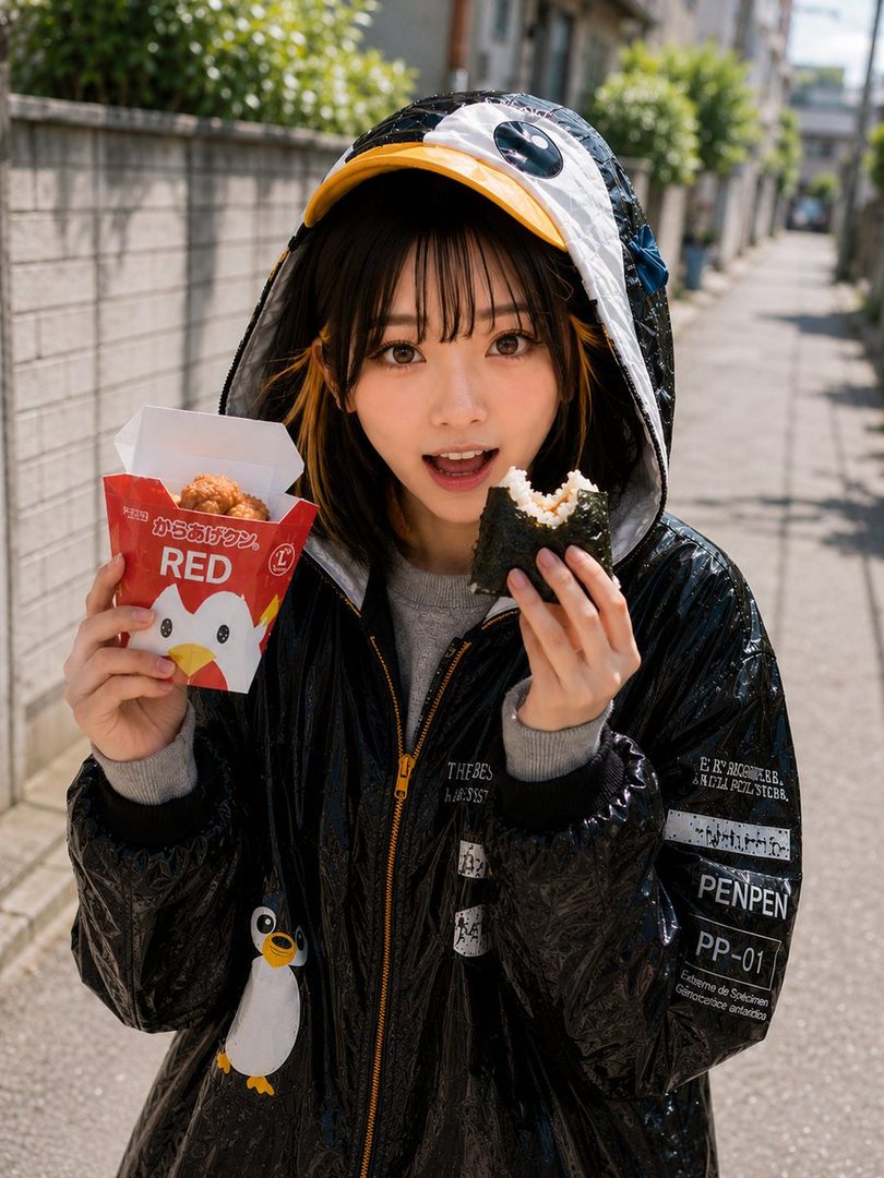 A young woman in a black penguin-themed jacket holds a box of fried chicken and a rice ball, smiling at the camera.