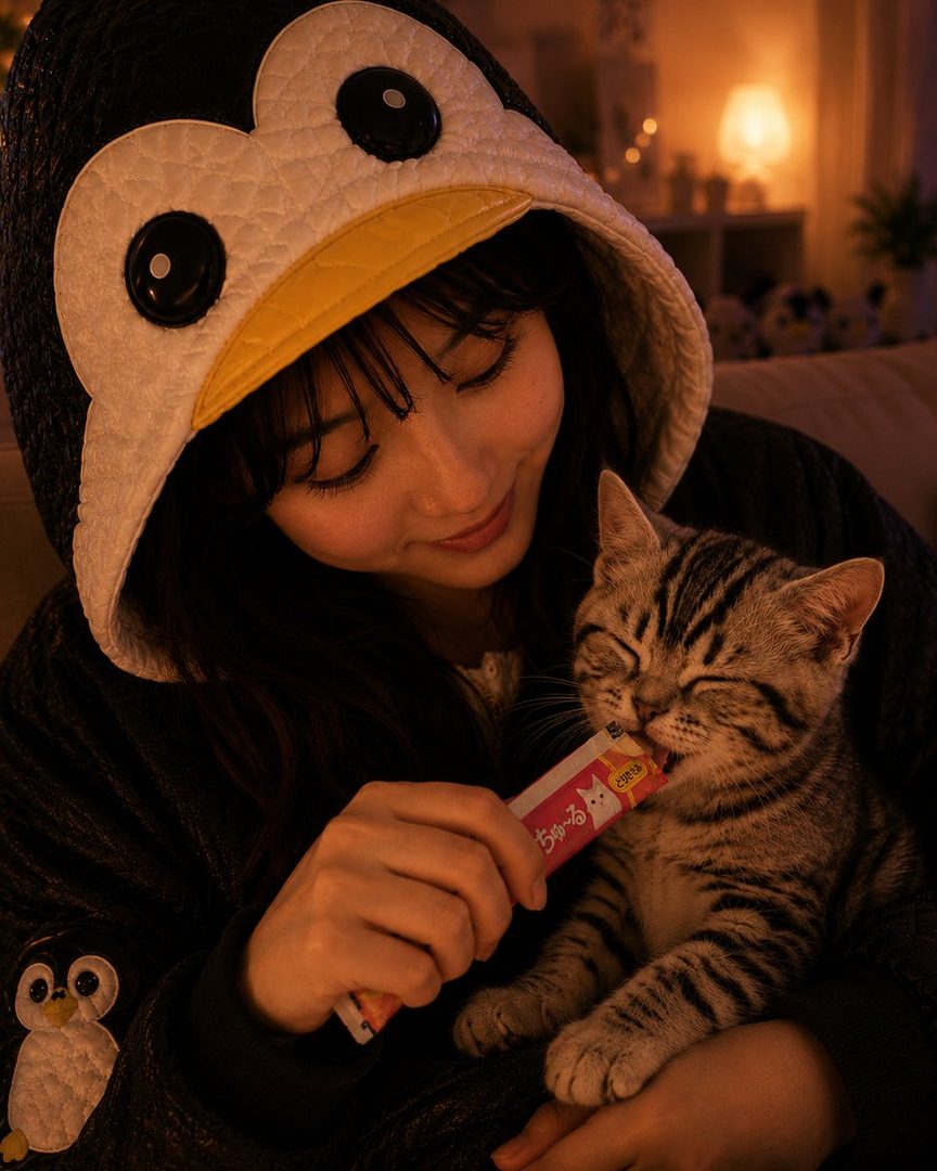 A young woman wearing a penguin hoodie smiles as she feeds a kitten a treat.