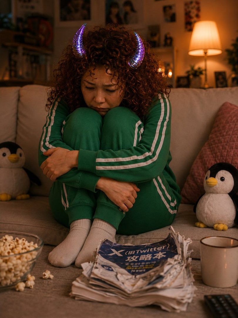 A young woman with curly brown hair and glowing devil horns sits on a couch, hugging her knees and looking down sadly. She wears a green tracksuit and white socks. A bowl of popcorn, a stack of papers, and two penguin plush toys are nearby.