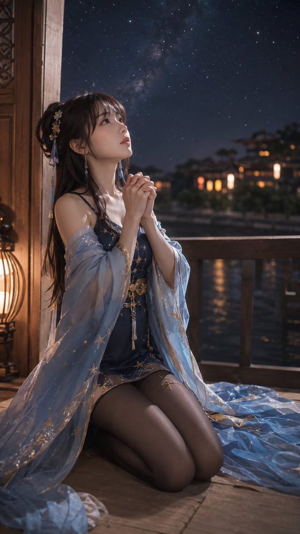 A young woman in a starry blue dress and sheer overlay, kneeling outdoors at night with her hands clasped, looking up at the starry sky.