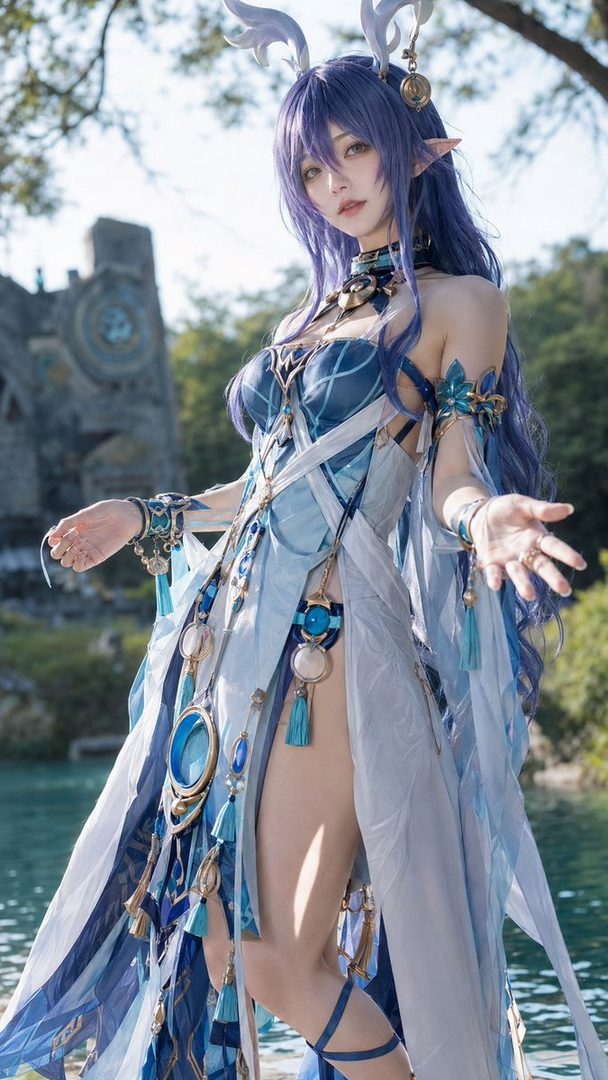 A woman in a blue and white fantasy-inspired costume with long purple hair and elf ears, posing outdoors by a body of water.