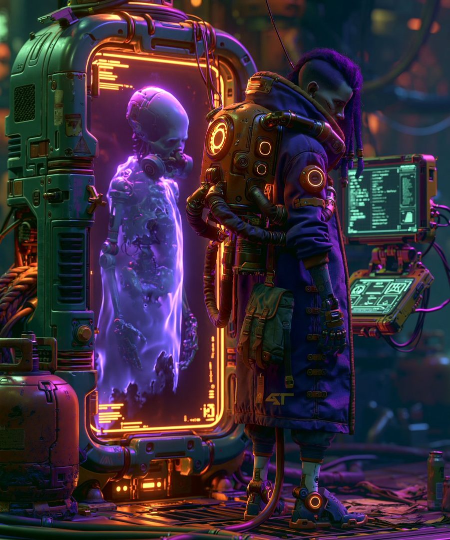 A futuristic portrait of a person in a cyberpunk environment, interacting with a holographic display showing a skeletal figure.