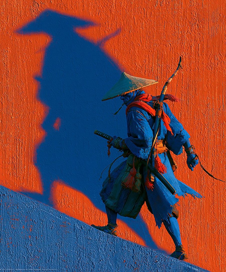 A blue-skinned samurai warrior in traditional Japanese attire, wearing a conical hat and a red scarf, walks against an orange textured wall with a dramatic blue shadow.