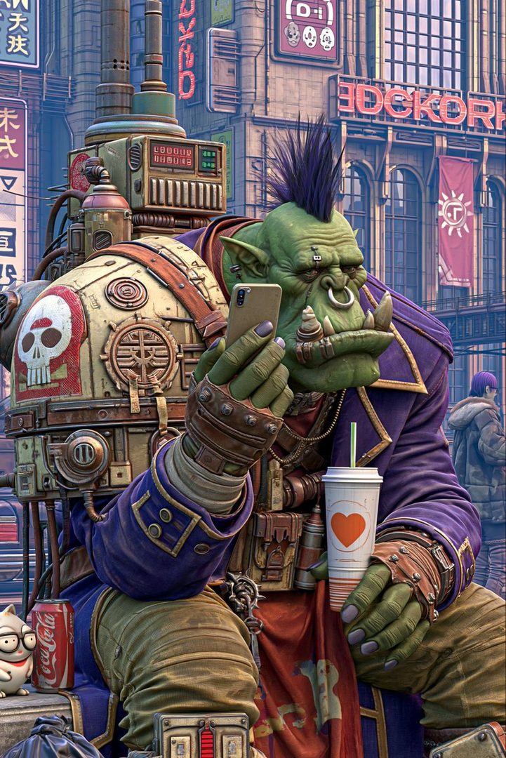 A photorealistic portrait of a green-skinned orc with a mohawk, wearing a purple jacket and holding a smartphone and a drink, in a futuristic city setting.