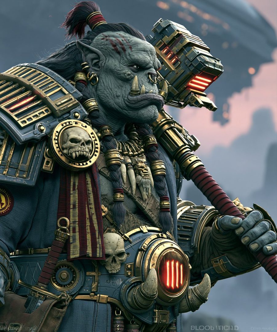 A powerful orc warrior in ornate armor, holding a large hammer, with a fierce expression.