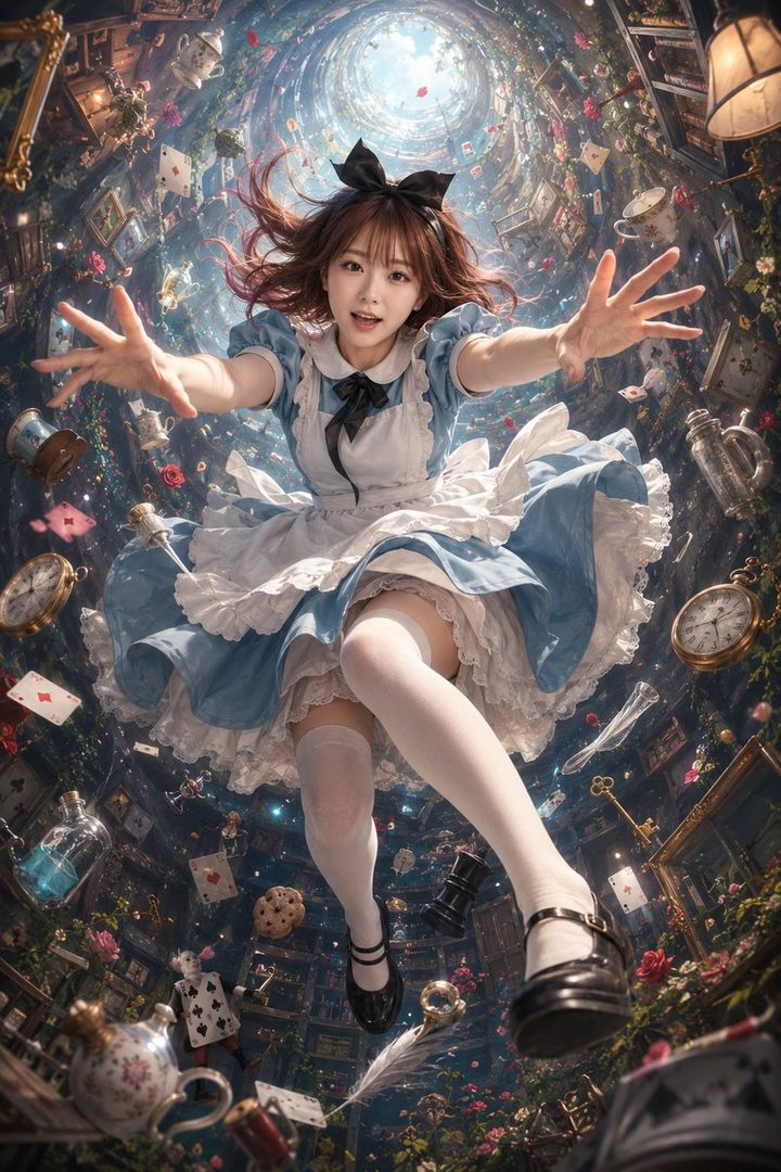 A young woman dressed as Alice in Wonderland falls through a surreal, swirling vortex filled with clocks, playing cards, and teacups.