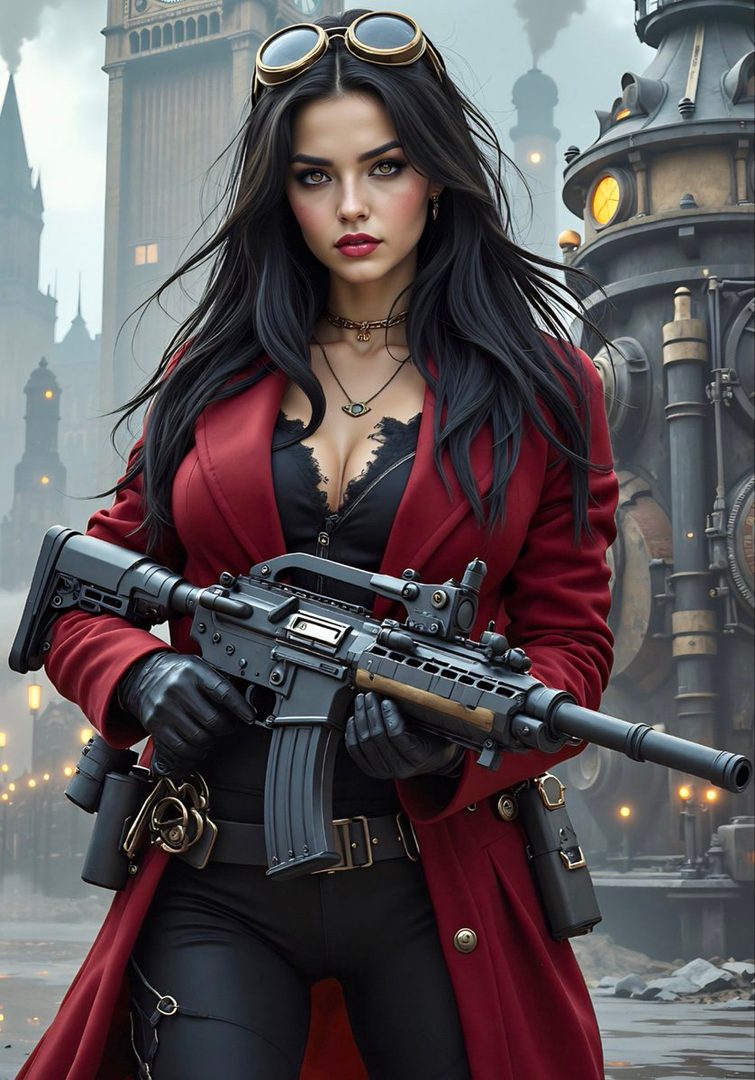 A woman in a red coat and black outfit, holding a rifle, with steampunk-style goggles on her head, standing in a city with industrial buildings.