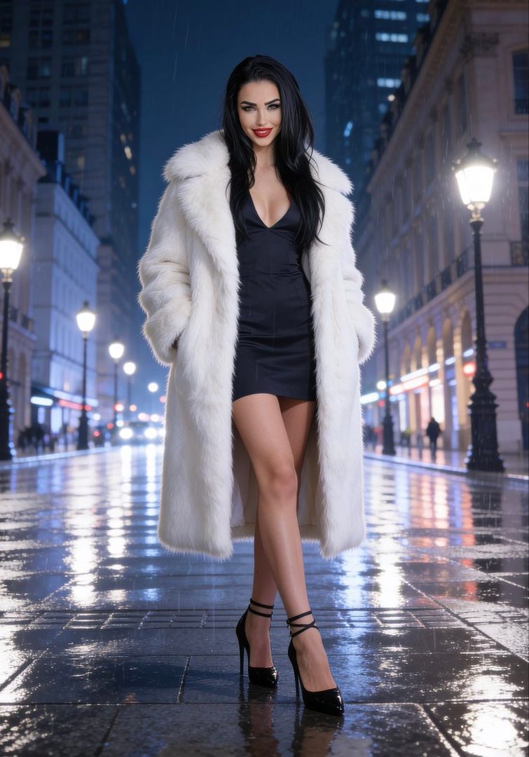 A woman in a black dress and white fur coat stands on a wet city street at night, with streetlights and buildings in the background.