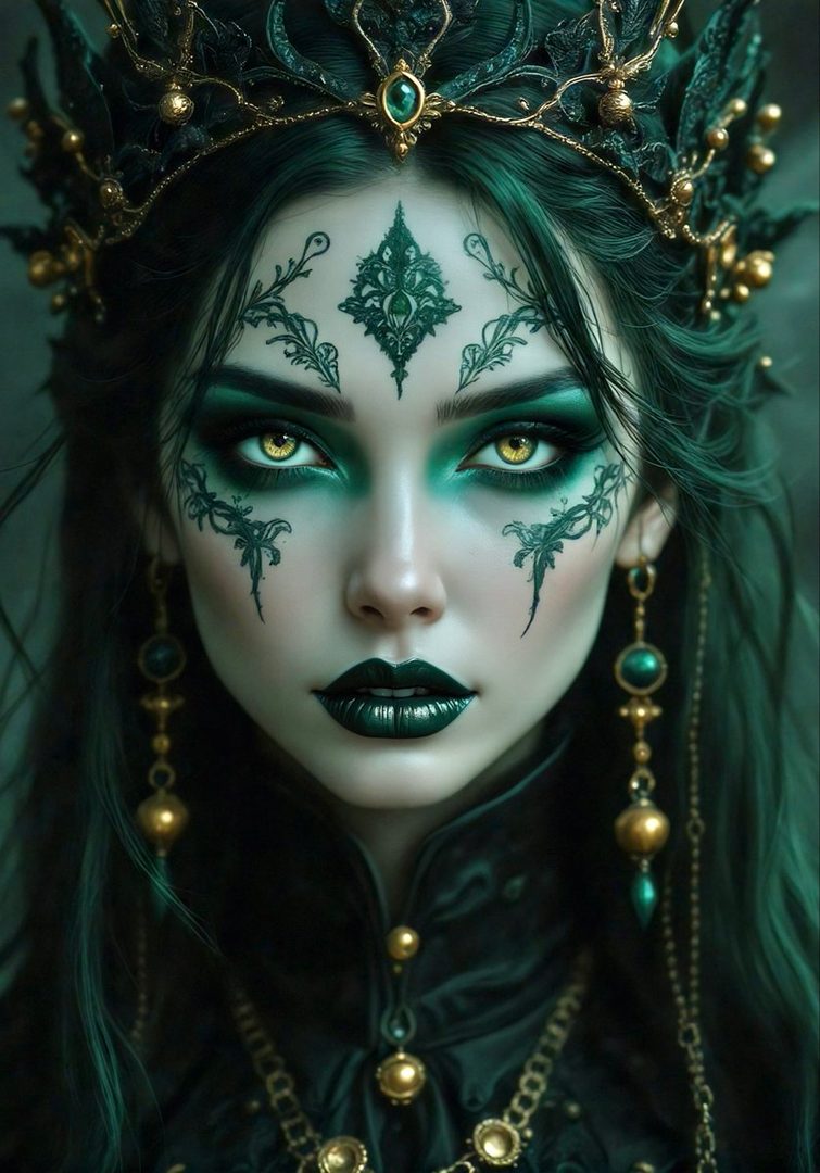 A striking portrait of an AI-generated woman with emerald green makeup, dark hair, and a golden crown, exuding an elegant and mysterious aura.