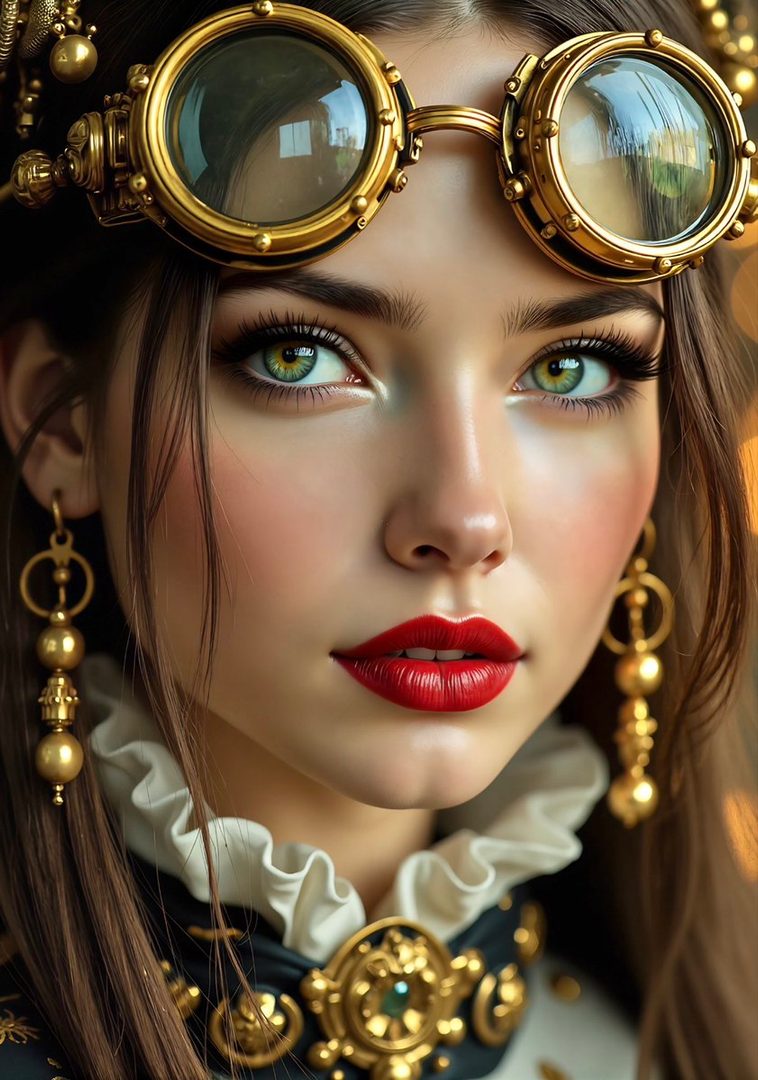 A close-up portrait of a young woman with striking green eyes, wearing ornate steampunk goggles and golden jewelry, with vibrant red lipstick.