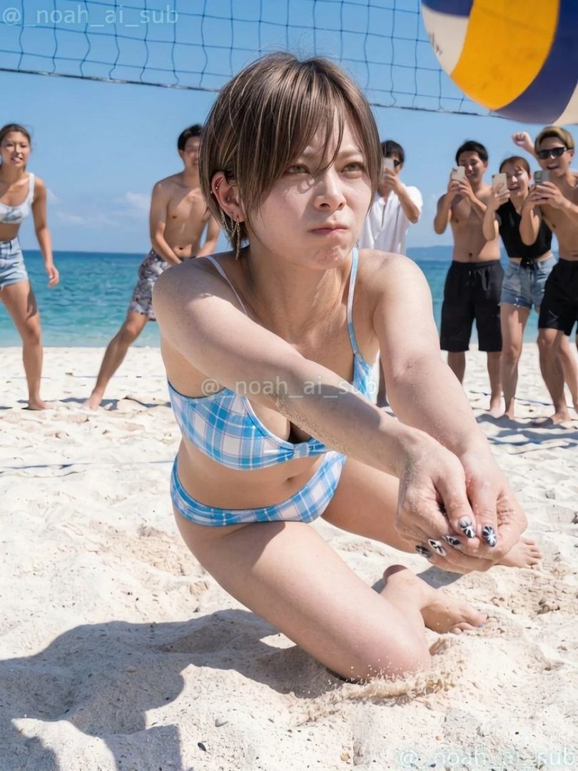 A woman in a blue and white checkered bikini plays beach volleyball on a sunny day, with friends watching and taking photos in the background.