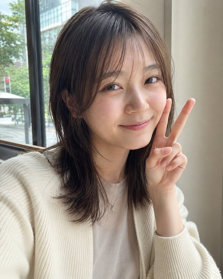 A young woman with brown hair and bangs smiles at the camera, making a peace sign with her right hand, wearing a cream cardigan indoors.