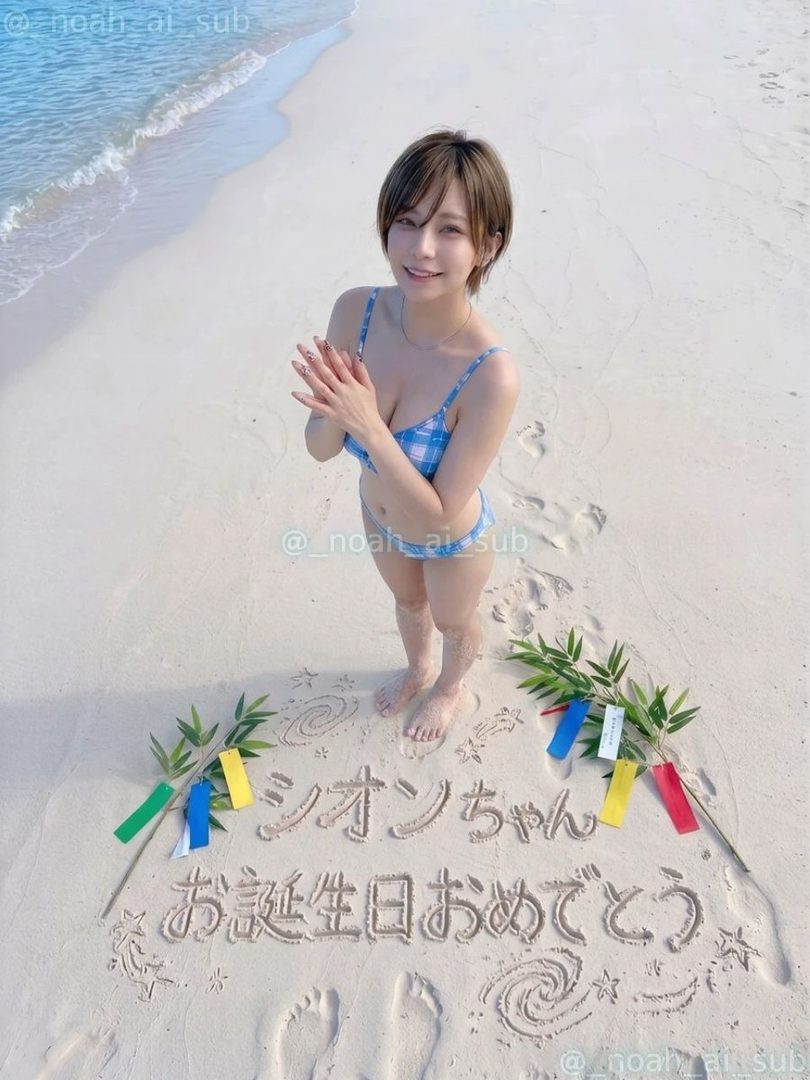 A young Japanese woman in a blue and white checkered bikini poses on a sandy beach, with birthday wishes written in the sand.