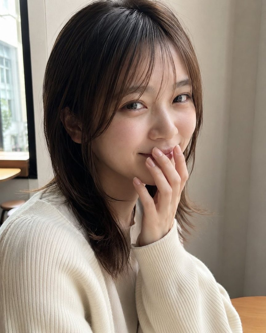 A young woman with dark brown hair and bangs, wearing a white sweater, smiles gently while sitting in a cafe with her hand near her mouth.