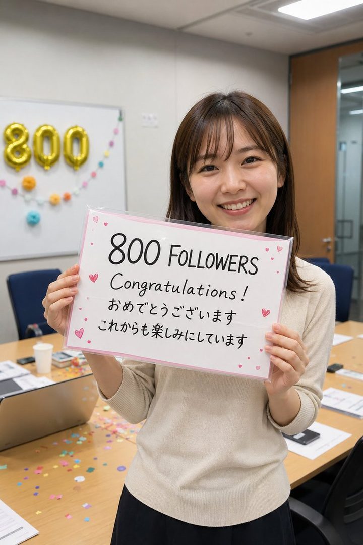 A smiling young East Asian woman holds a sign that says '800 FOLLOWERS Congratulations!' in an office setting with balloons in the background.
