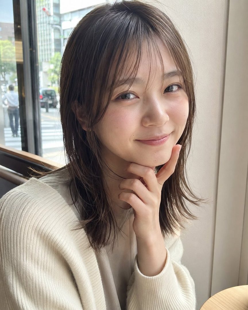 A young woman with brown hair and bangs, wearing a cream cardigan, smiles gently while posing with her hand on her chin in a cafe.